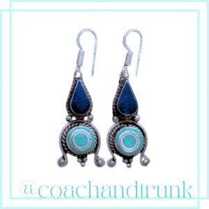 Lapis Lazuli Turquois Natural Inlay Silver Handcrafted Ornate Metalwork Earrings